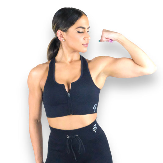 Black Ribbed Sports Bra